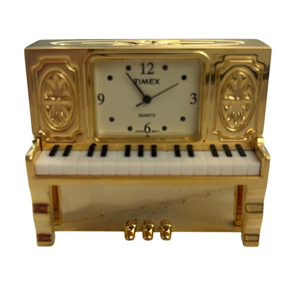 Timex Miniature Upright Piano Desk Clock Gold Tone Metal‎ Vintage Japan Movt